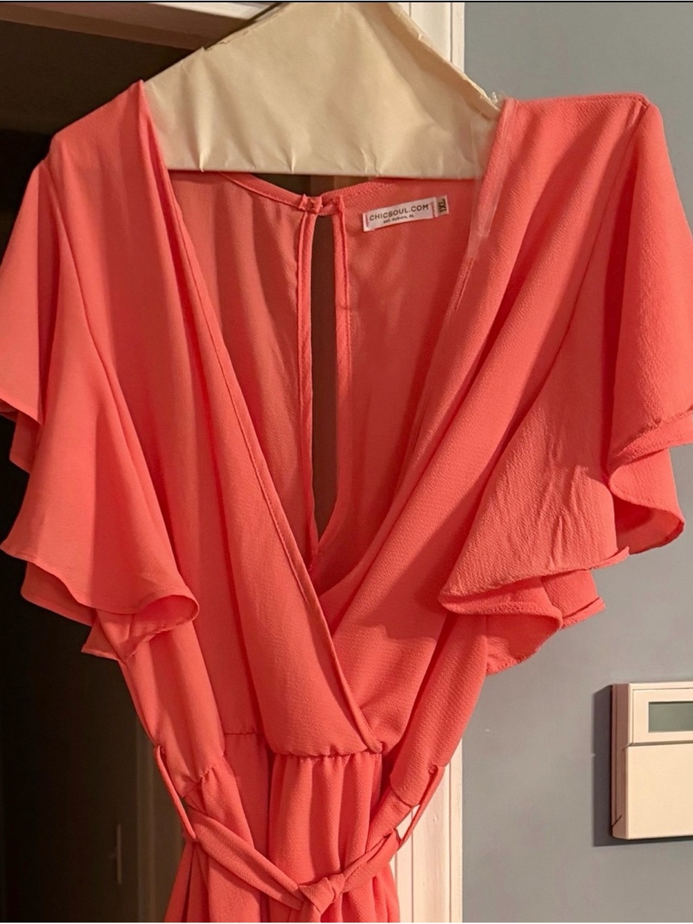 Chic Soul Coral Wrap Midi Dress with Ruffle Hem